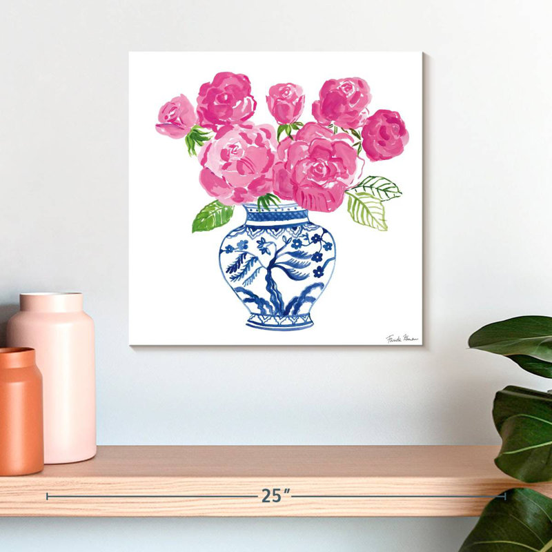 Harnek chinoiserie roses sur fond blanc I, H 16 po x l 16 po