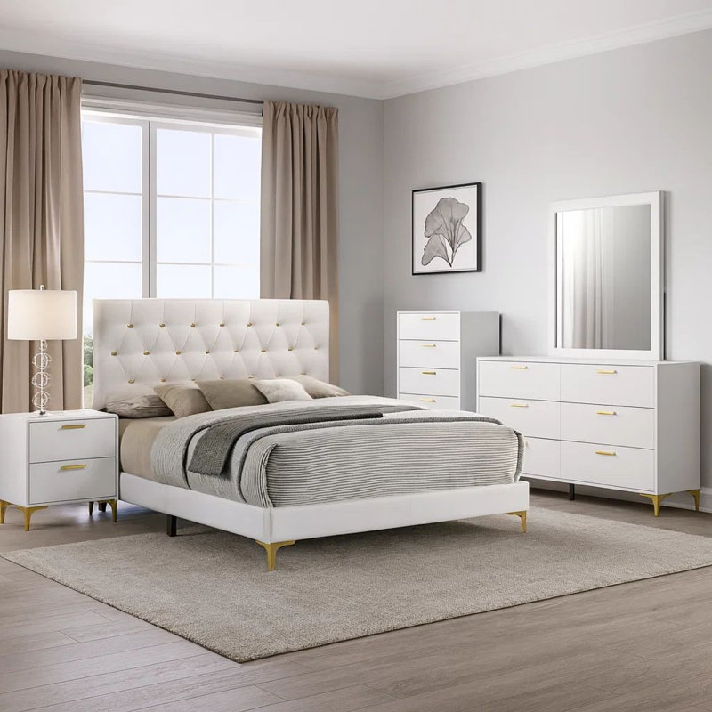 Ensemble de chambre avec grand lit 5 pièces Dle, similicuir blanc, accents dorés modernes, Grand, Blanc