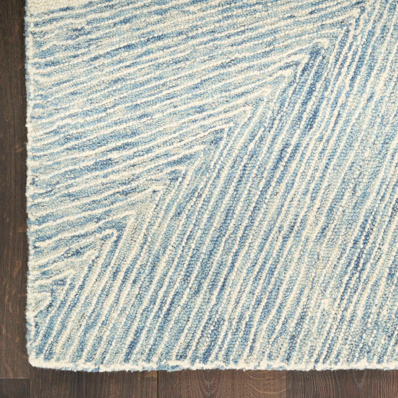 DKNY Pure Angles Ivory Blue Modern Indoor Rug, Runner 2'3" x 7'6"