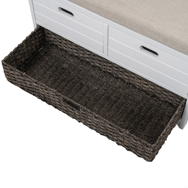 Banc de rangement avec panier amovible et 2 tiroirs, banc à chaussures entièrement assemblé avec coussin amovible, Blanc