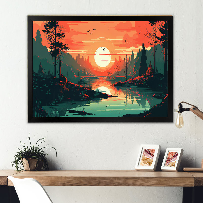 Magnifique soleil couchant sur des arbres II - reproduction, Cadre photo noir, H 12 po x l 20 po x P 1 po