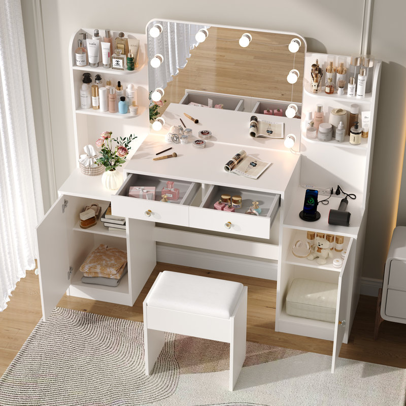 Makeup Vanity Desk With Lighted Mirror & Power Outlet, Dresser Table With 2 Drawers and 2 Cabinets For Bedroom, White