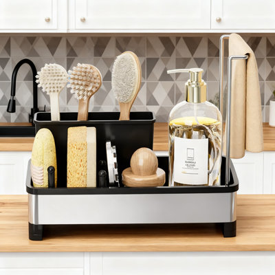 Organisateur d'évier de cuisine avec bec rotatif, porte-brosse amovible et porte-serviettes amovible - Solution de rangement efficace pour éponge et distributeur de savon pour comptoir