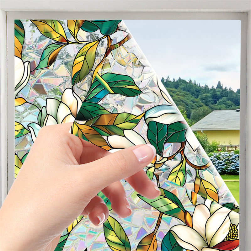 Static Cling Decorative Window Film, Vivid Plant Flower Stained Glass Window Decals Sticker, 39.37" H x 17" W