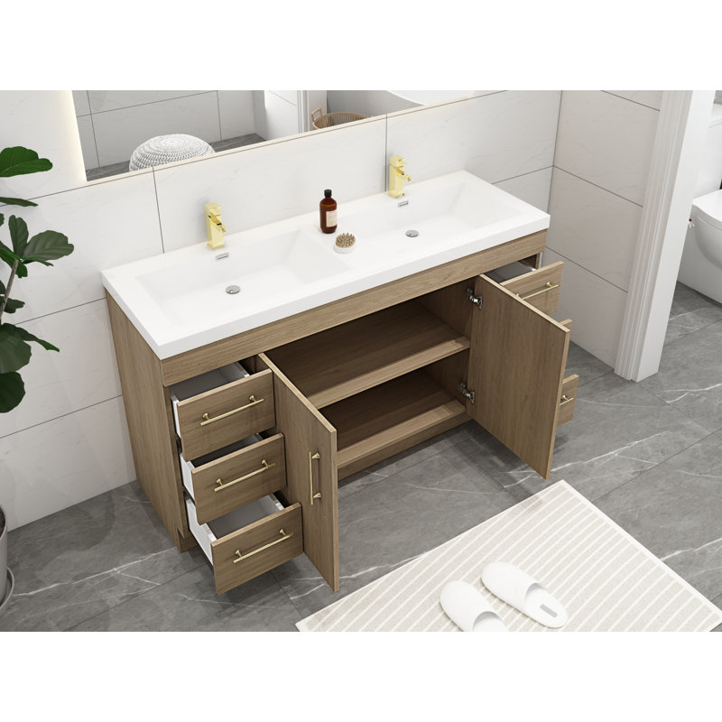 Ensemble de meuble-lavabo double 60 po Carliss, Blanc/chêne, Or
