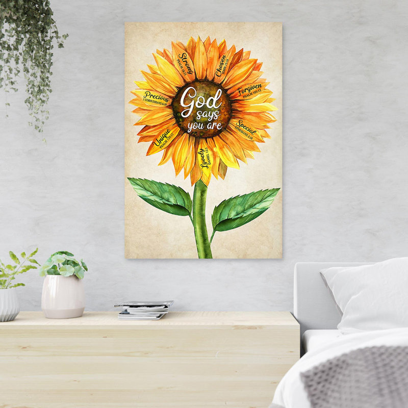 Tournesols sur fond brun «God Says You Are», reproduction d'art graphique sur toile tendue 1 pièce