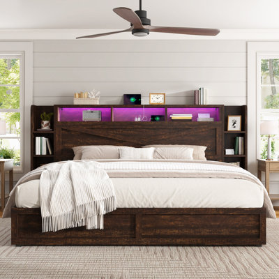 Shila 45.3" Platform Bed Frame with 4 Metal Drawers Storage, LED Bookcase Headboard & 2 Side Shelves, King Size, Brown