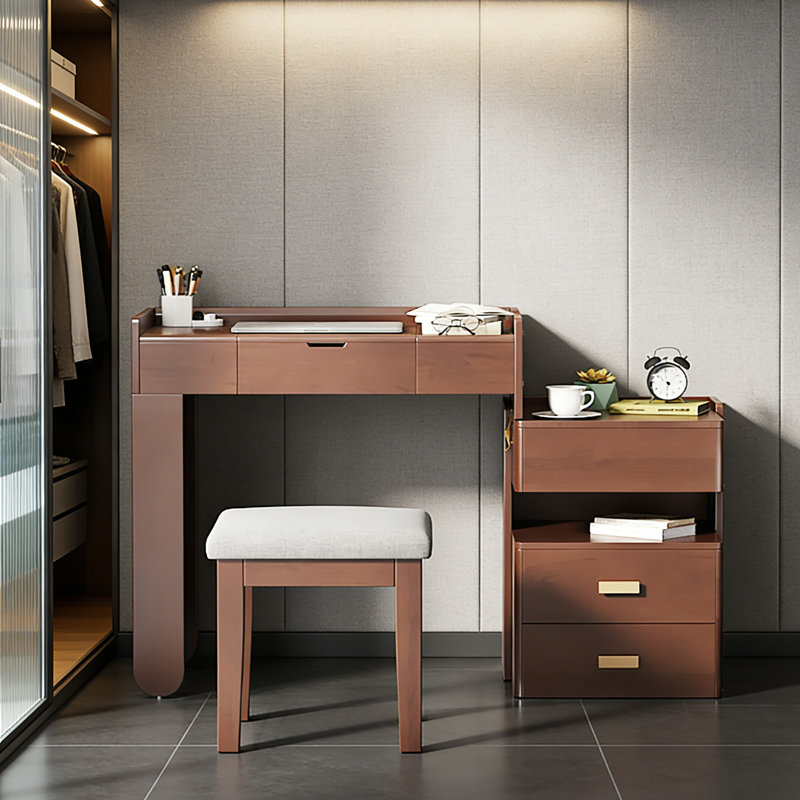 Multi-functional 3-in-1 Makeup Vanity Desk With Flip-top Mirror, Led Lighting, Adjustable Length & Ample Drawers, Walnut