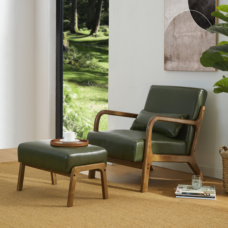 Mid-Century Modern Leatherette Accent Stool And Chair With Walnut Rubberwood Legs, Green