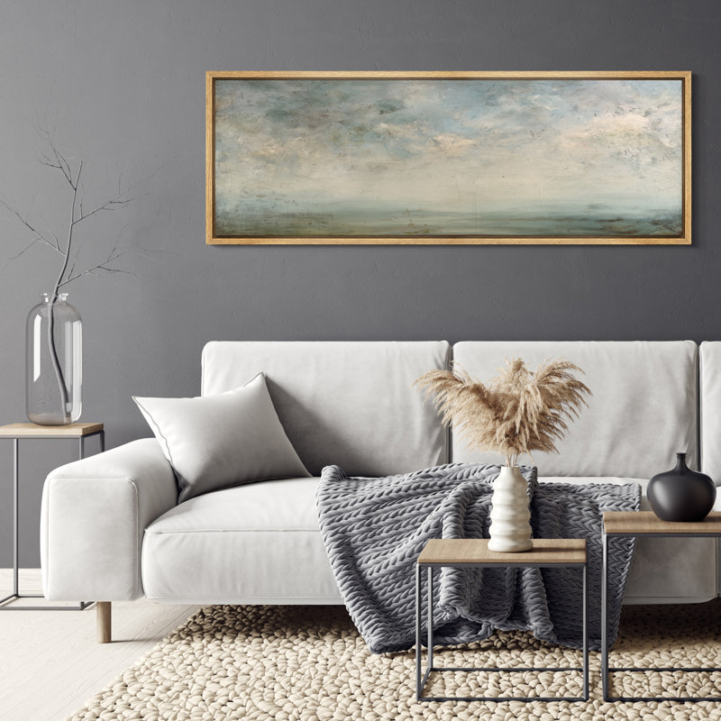 «Serene Sky and Misty Horizon Neutral Landscape - Large encadrée», Naturel, H 20 po x l 60 po x P 1,5 po