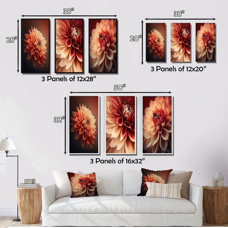 «Orange Dahlia Flower», 3 pièces sur toile, Or, H 40 po x l 60 po