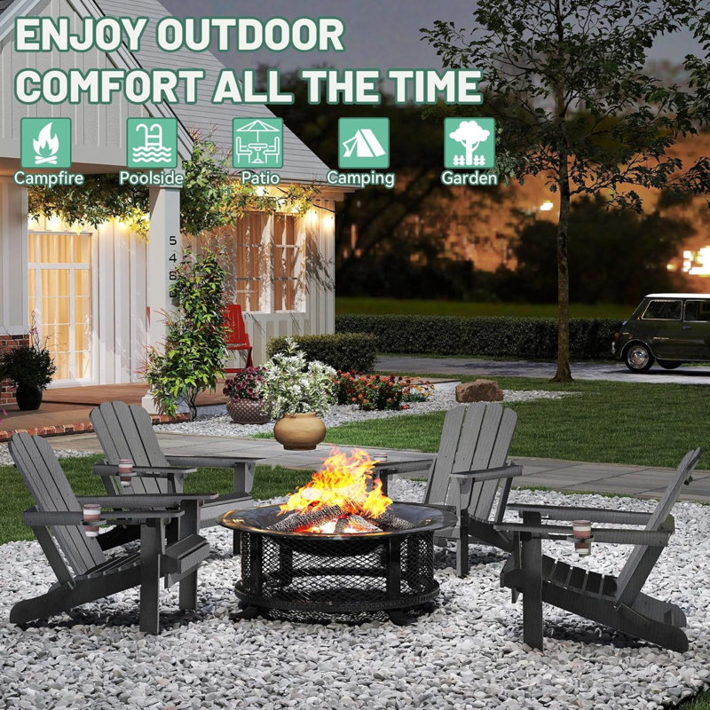 Ensemble de chaises Hdpe Adirondack grises durables, pliables avec porte-gobelet pour l'extérieur