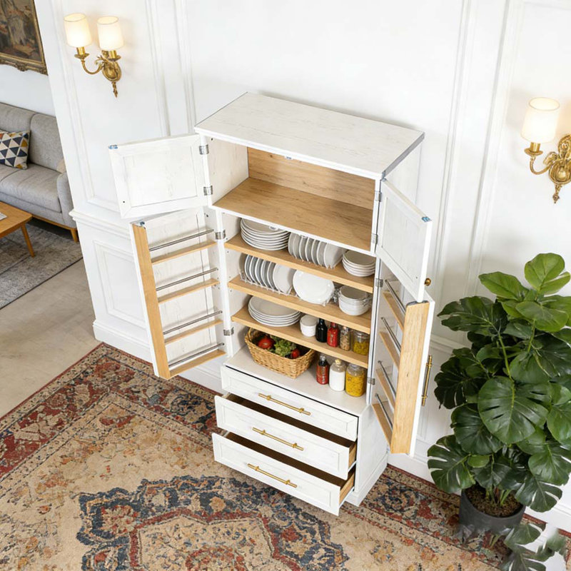 Armoire de cuisine de campagne de 78,2 po de hauteur avec 8 tablettes de porte, armoire de rangement avec 3 tablettes réglables, 3 grands tiroirs,