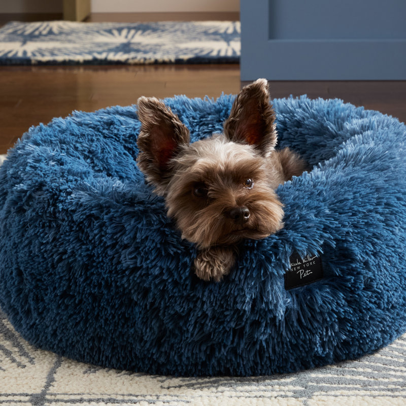 Blue Fuzzy Faux Fur Round Donut Pet Bed