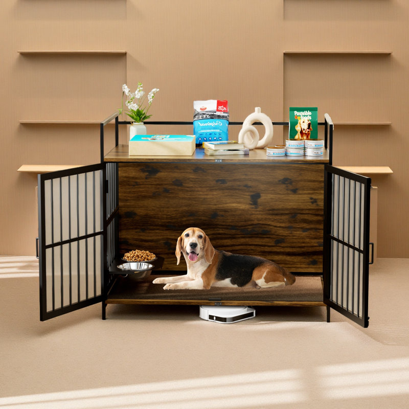 Mobilier de cage pour chien avec coussin, chenil d'intérieur avec bols rotatifs, cage de chiot d'intérieur robuste pour chiens de taille moyenne à grande