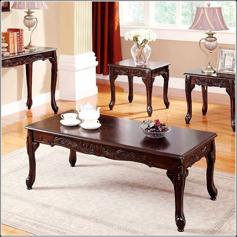Ensemble de 3 tables basses et tables de bout de style traditionnel avec finition cerisier foncé, pieds en cabriole et design complexe pour des espaces de vie élégants