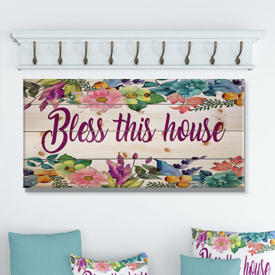 « bless this home ». « floral », art textuel sur bois