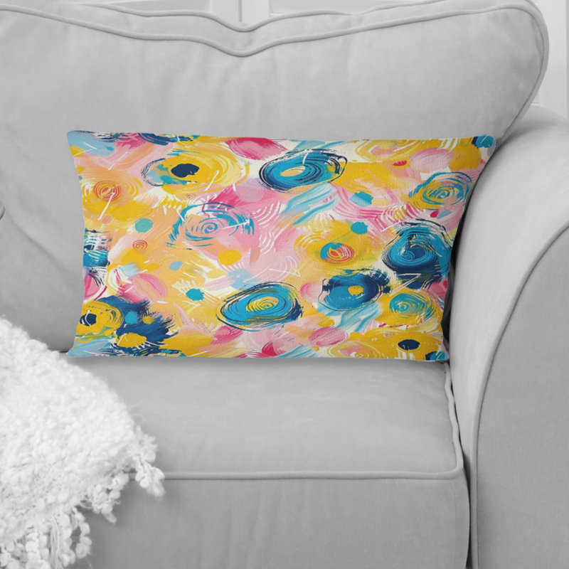 Coussin lombaire abstrait rose et bleu, Forme rectangulaire, H 12 po x l 20 po