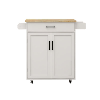 Kitchen Island Rolling Trolley Cart With 1 Drawer & 2 Doors With Storage Racks & Adjustable Shelves & Towel Rack & Seasoning Rack Rubber Wood Table Top-White