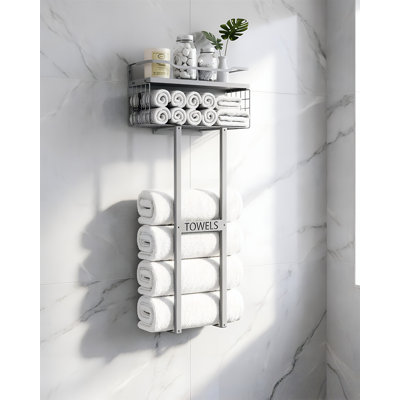 Wall Mounted Towel Rack with Wood Plank, Holds 6 Rolled Towels for Bathroom Storage, All Grey