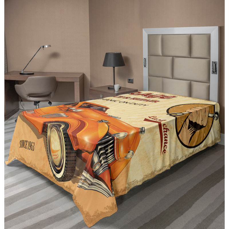 Ambesonne Retro Top Flat Sheet Engine And Mechanic Sign Orange Cream Red, Twin XL Flat Sheet