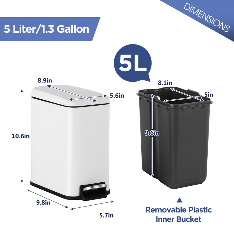 White Rectangular Stainless Steel Pedal Trash Can with Quiet Close Lid