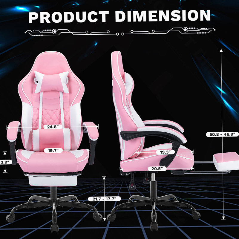 Fauteuils de jeu vidéo ergonomiques, chaises de jeu d'ordinateur avec support lombaire et repose-pieds de massage, appui-tête réglable pour ordinateur de style course pour adultes, rose et blanc