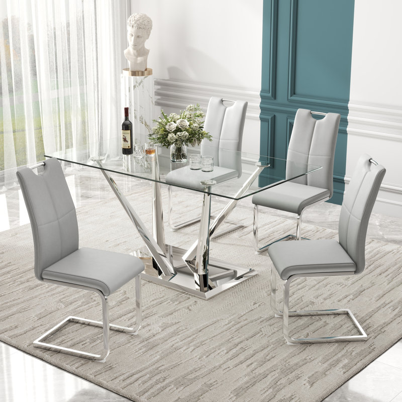 Rectangle Tempered Glass Pedestal Dining Set, 5, Gray, Silver