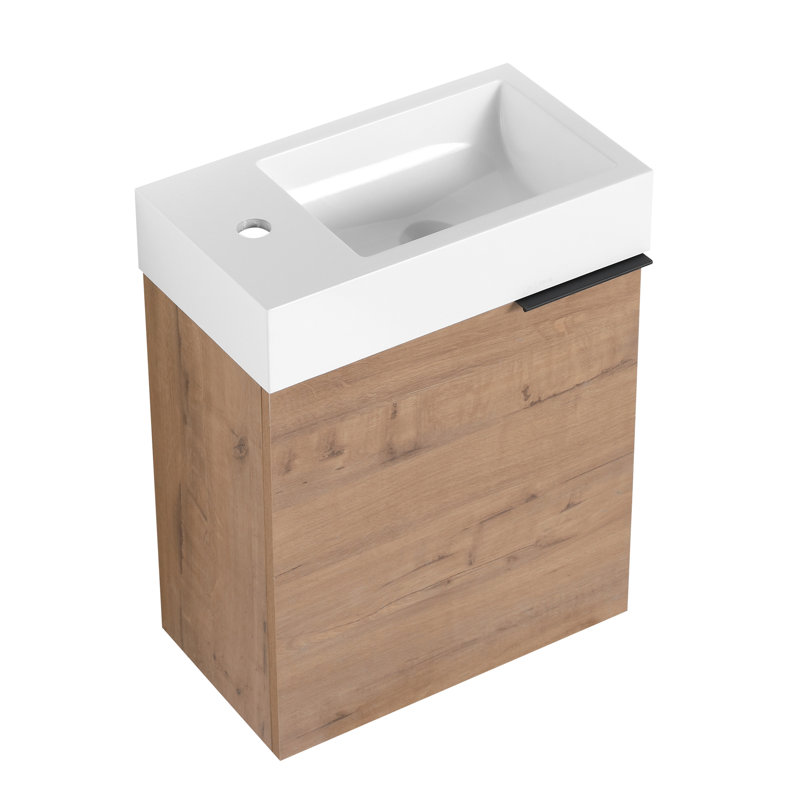 Armoire de salle de bain flottante de 18 po avec lavabo et porte en résine blanche - Espace de rangement moderne en bois contreplaqué