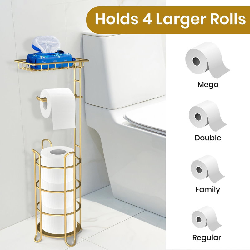 Porte-papier hygiénique avec tablette de rangement et distributeur de papier hygiénique pour rouleaux de rechange, Doré