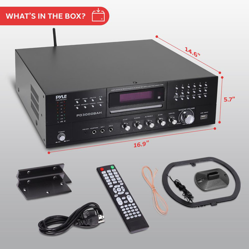 Amplificateur Bluetooth sans fil 4 canaux Pyle 3000W - Récepteur audio stéréo pour la maison avec lecteur CD / DVD à l'avant, radio FM, entrée haute définition, Aux, RCA, USB, 2 entrées micro avec écho, sortie caisson de basses - montage en rack