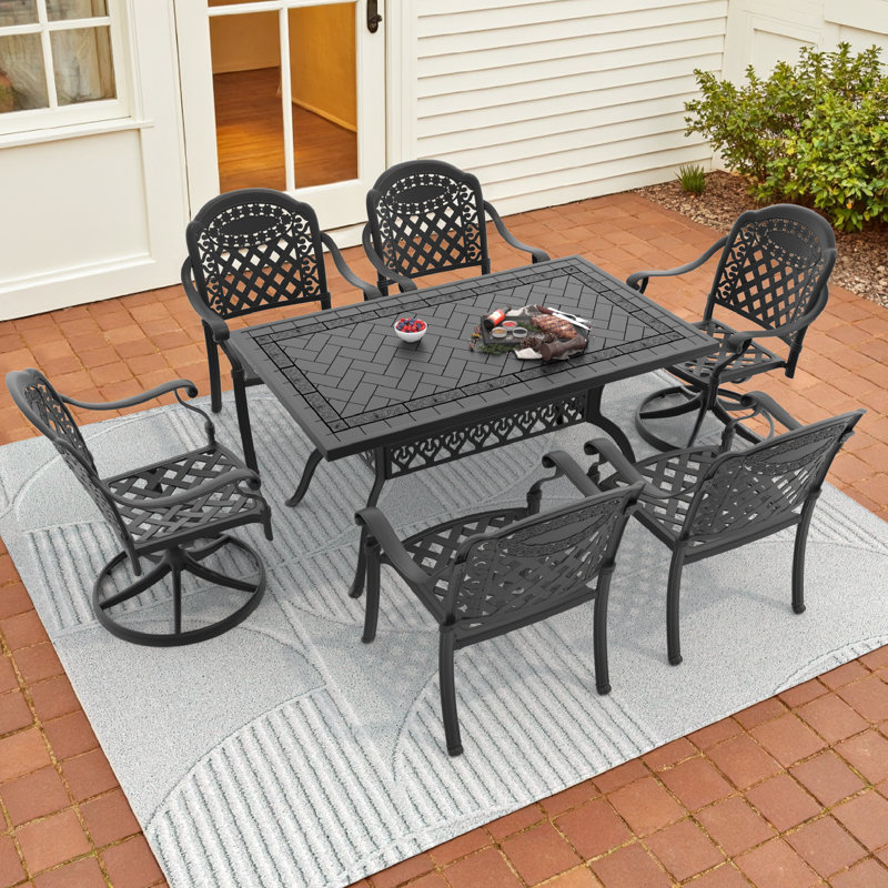 Ensemble de salle à manger d'extérieur rectangulaire 7 pièces de 150 cm (59,06 po) de long, comprenant 2 chaises pivotantes et 4 chaises empilables, coussins rouges