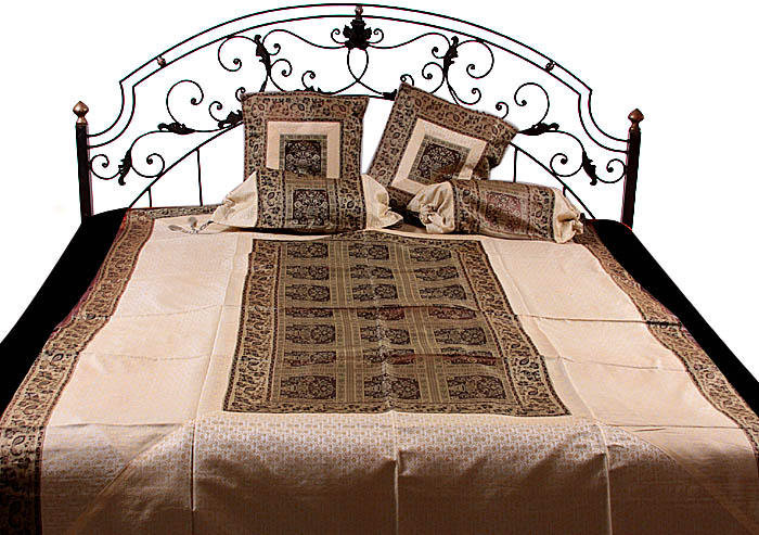 Exotic India Silk Ivory and Brown Single-Bed Bedcover with Woven Flower and Elephants (Set of 5)