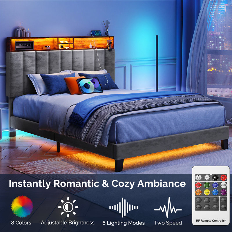 Upholstered Bed Frame with Headboard-Storage Headboard with Smart LED Lights and USB Charging Station,Noise Free,No Box Spring Needed