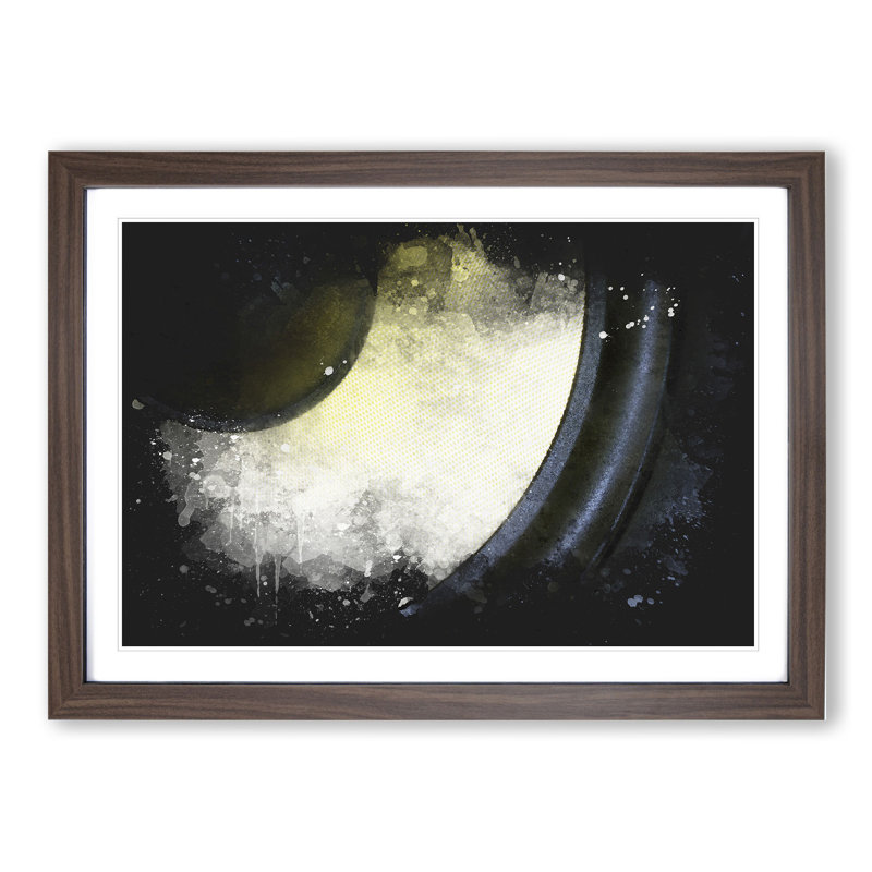 Yellow Speaker Paint Splash - Picture Frame Graphic Art, 65cm H x 90cm W x 2cm D, Walnut