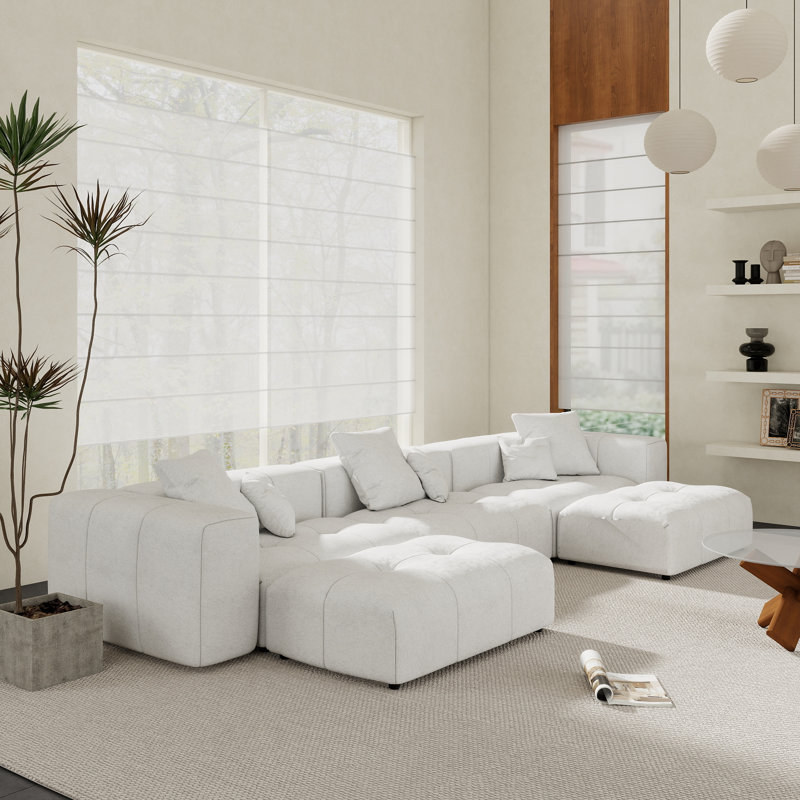 Canapé modulaire en tissu de lin avec repose-pieds Kay Crumley, Blanc, H 24,8 po x l 144,17 po x P 68,05 po