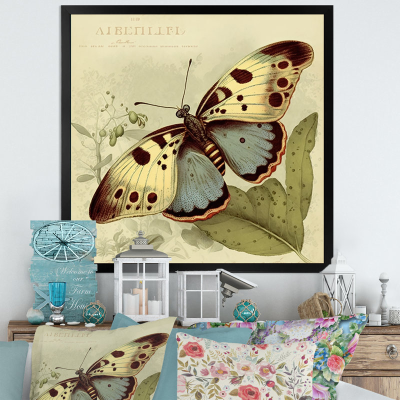 «Arisa Vintage Illustration Of Butterfly III», reproduction sur toile, Impression noire sur toile encadrée