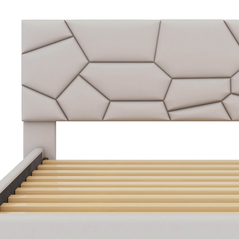 Lit plateforme double avec tête de lit à motif brique, lit gigogne simple et 2 tiroirs, Beige