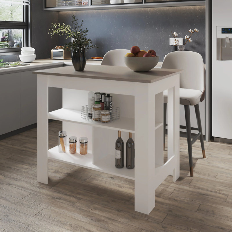 Îlot de cuisine taupe et blanc avec rangement ouvert