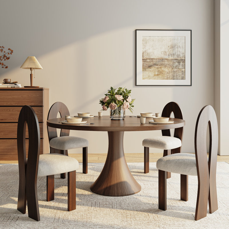 Solid Wood Round Dining Table Dark Walnut Color For 2-8 People, 29.52" H x 53.15" L x 53.15" W