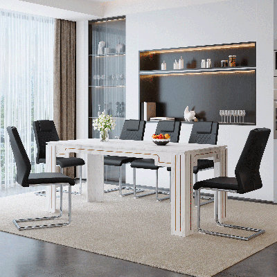 71" Faux Marble Finish Dining Table Set For 6/8, Modern Rectangular Kitchen & Dining Room Set With PU Leather Chairs