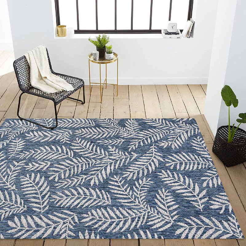 Mechling Nevis Palm Frond Navy/Ivory Indoor/Outdoor Rug, Rectangle 8' x 10'
