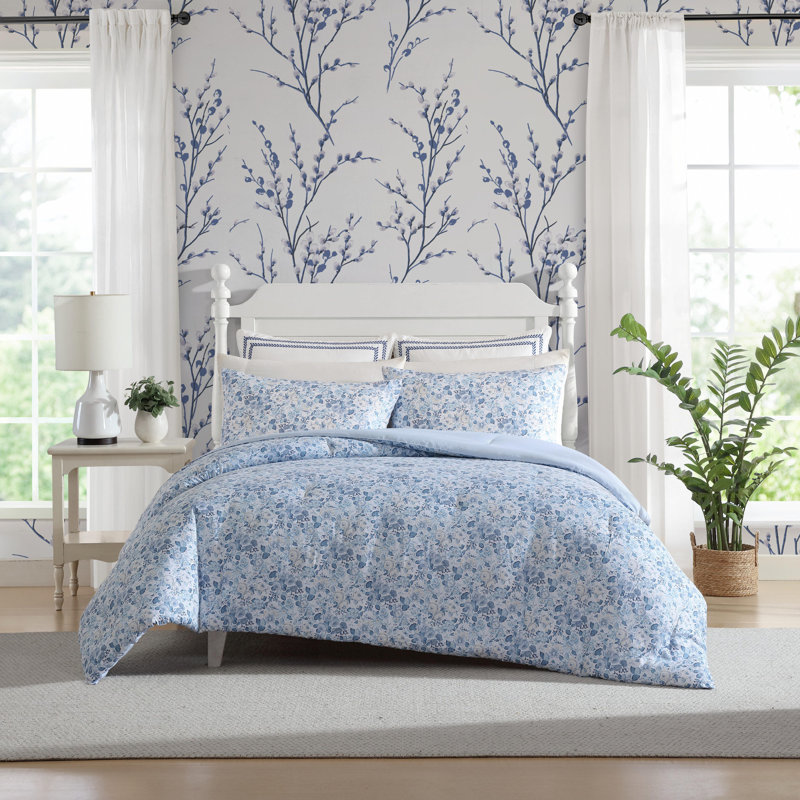 Ensemble d'édredon réversible Laura Ashley Quartet Blue, Édredon pour très grand lit + 2 taies décorativ
