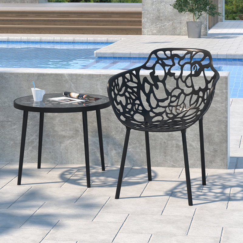 Rabia Side Table with Glass Top Flower Pattern Design and Aluminum Base, Black