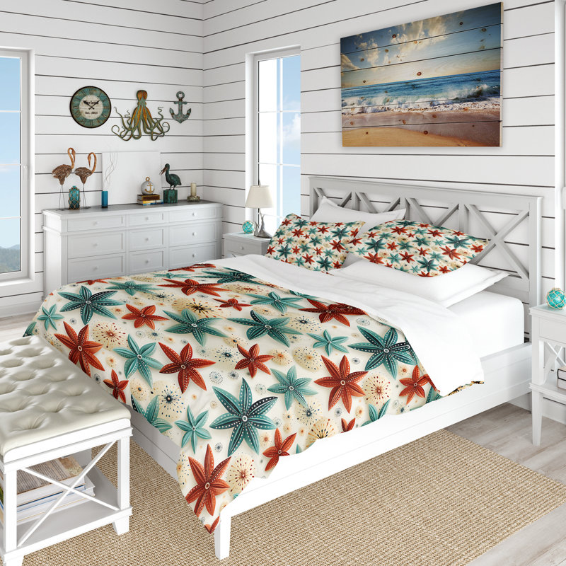 Ensemble de housse de couette Coastal Starfish Symmetry, Housse de couette simple + 1 taie décorative stan