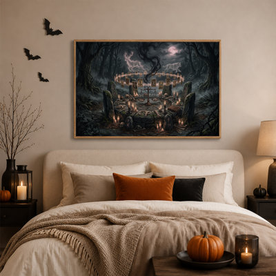 Autel en pierre avec cartes de tarot flottantes et toile murale d'Halloween