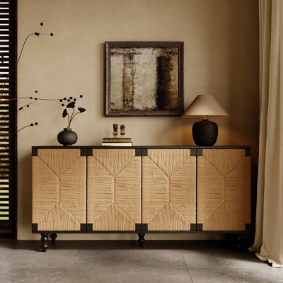 Handwoven Seagrass Sideboard, Solid Wood Legs, Black Finish, Spacious Shelf Storage, Perfect For Hallway Or Dining Room Decor, Aesthetic Natural Door Five Ample Space, Entryway Decor Piece Home