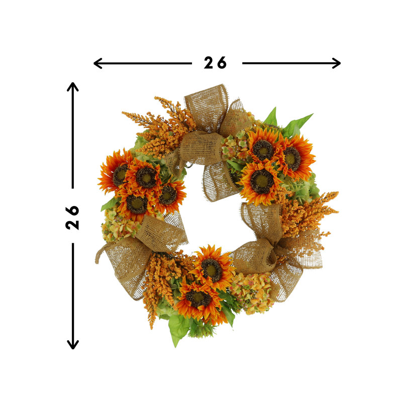 26" Sunflower, Hydrangea And Heather Fall Wreath With Burlap Bows