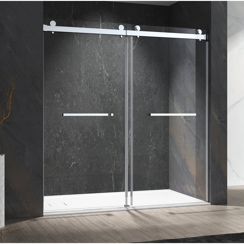Porte de douche coulissante double H 56 po x l 76 po x H 76 po avec verre trempé de 10 mm , Chrome
