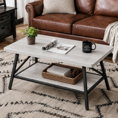 Table basse vintage avec tablette de rangement, centre de table en bois industriel avec cadre en métal pour le salon, gris